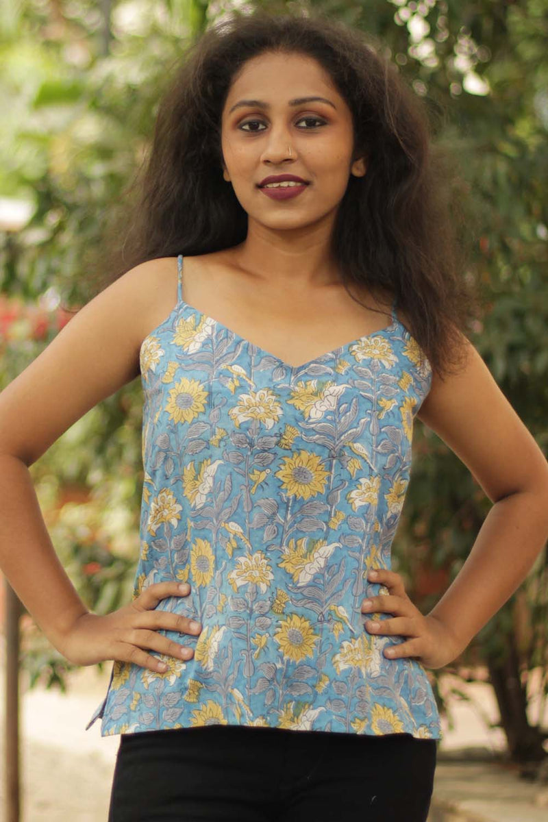 Spaghetti Top in Sanganeri Sunflower Blue – Spoil Me Silly by Sonali
