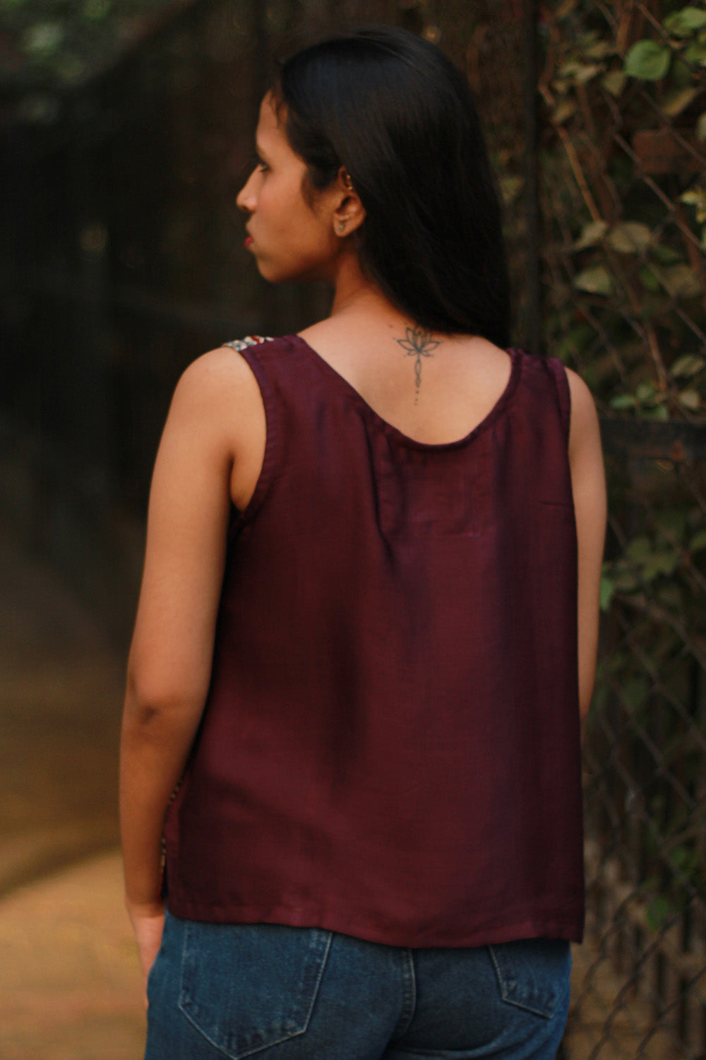 Sleeveless Top | Modal Silk | Wine with Ajrakh Stripes