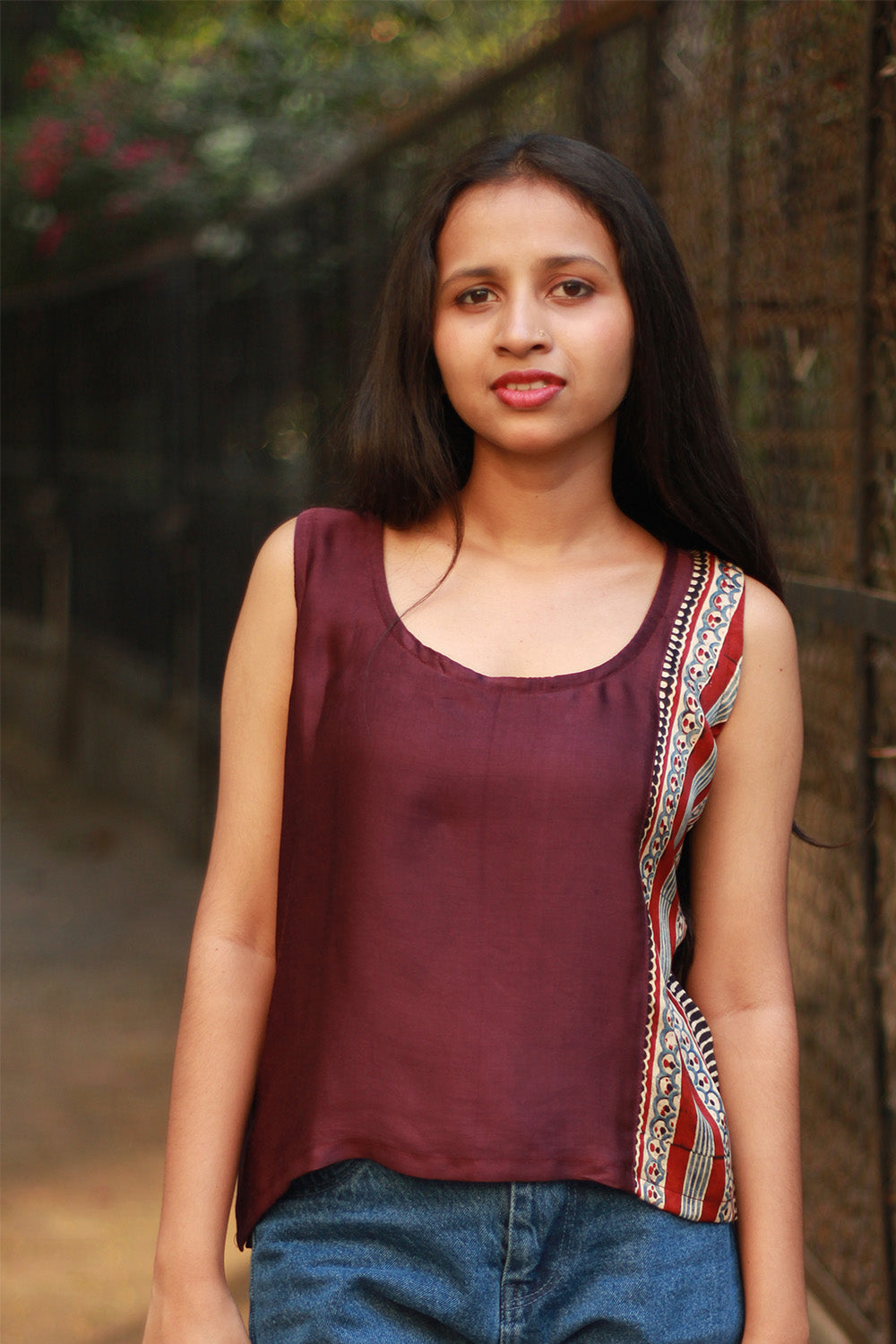 Sleeveless Top | Modal Silk | Wine with Ajrakh Stripes