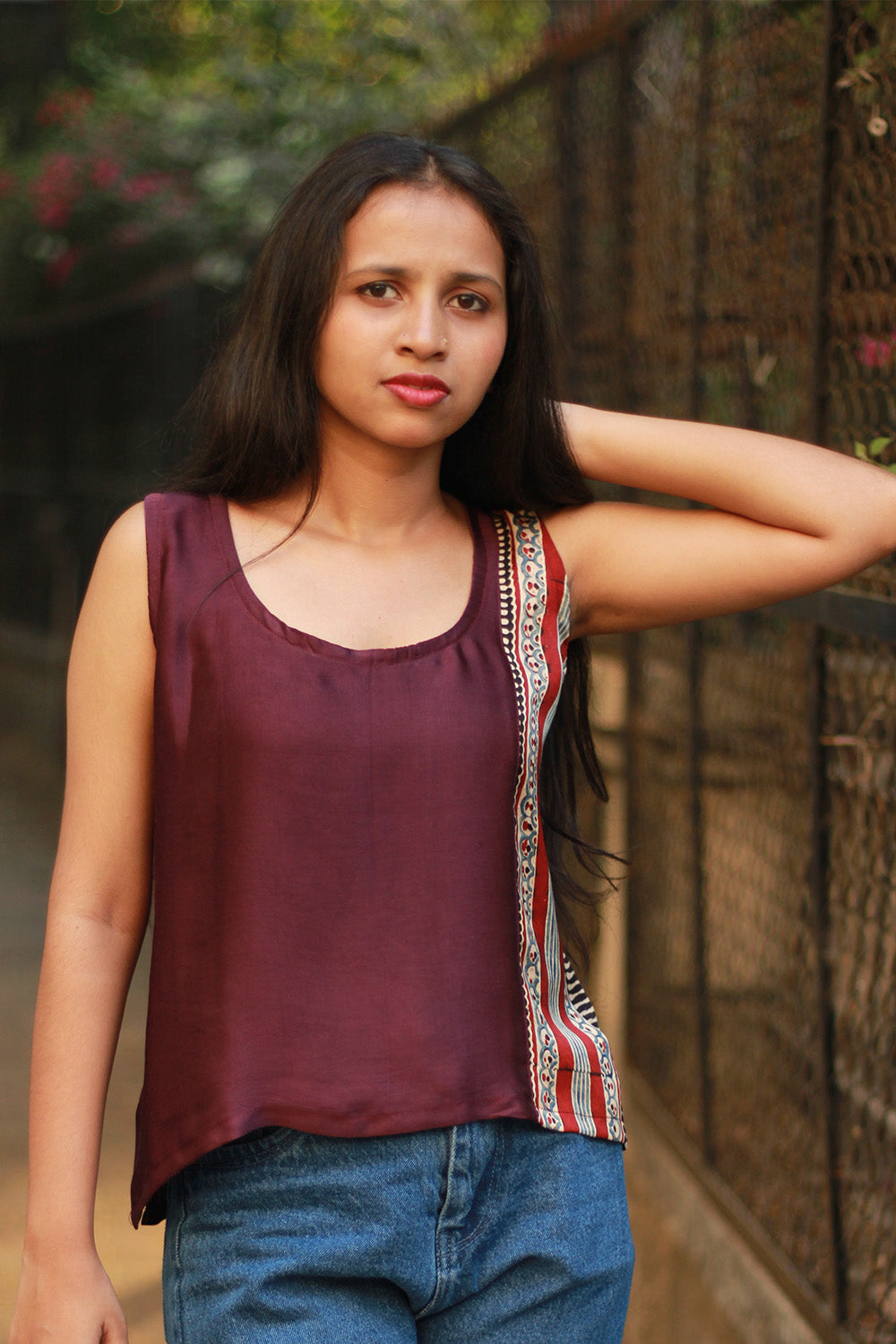 Sleeveless Top | Modal Silk | Wine with Ajrakh Stripes