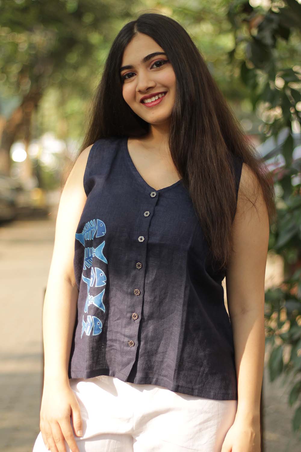 Song of the Sea | Linen Hand Painted Top | Navy