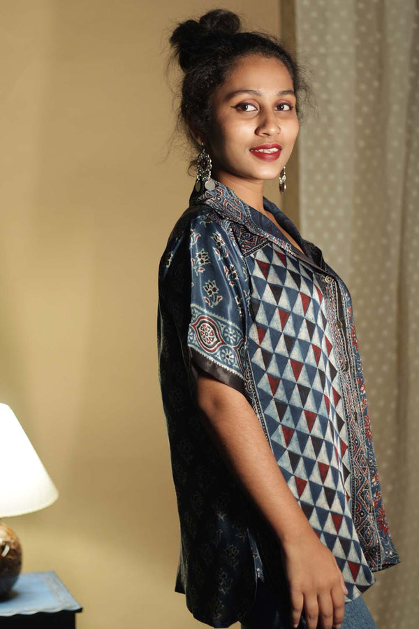 Tara | Ajrakh Modal  Shirt | Noir Geometric Florals