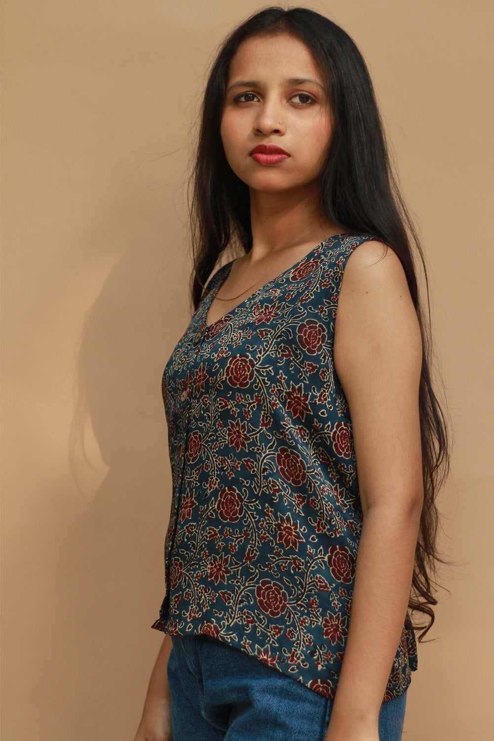 Front Buttoned Vest | Modal Silk | Blue Universe Ajrakh