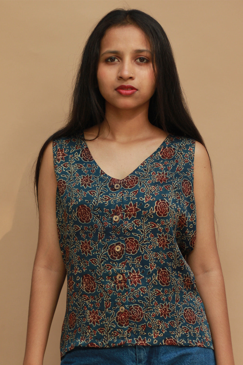 Front Buttoned Vest | Modal Silk | Blue Universe Ajrakh