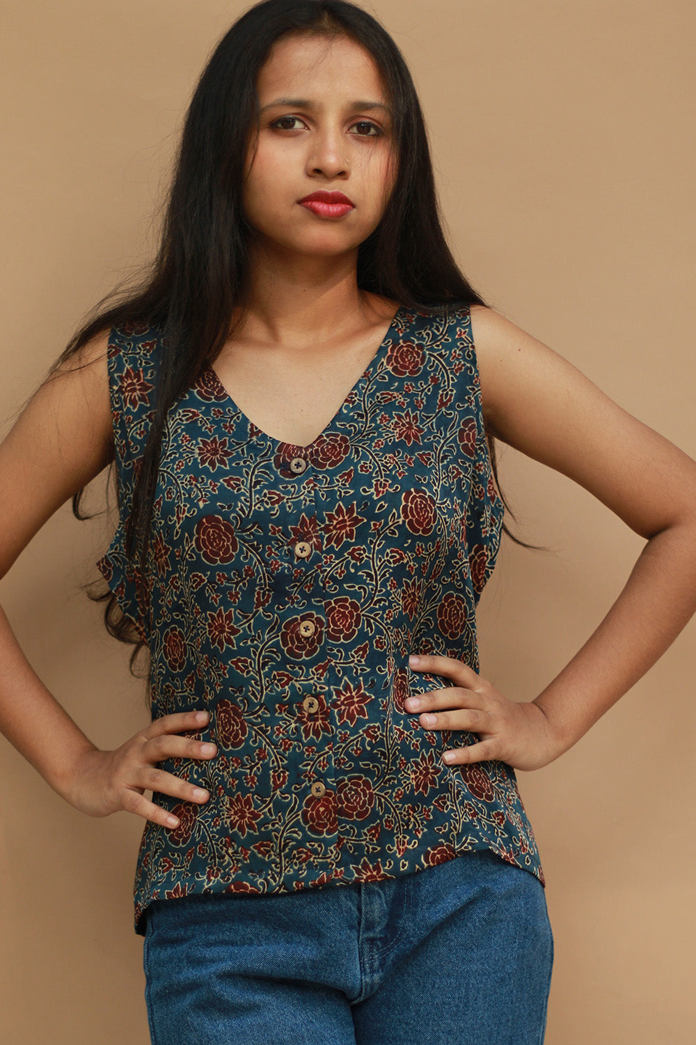 Front Buttoned Vest | Modal Silk | Blue Universe Ajrakh