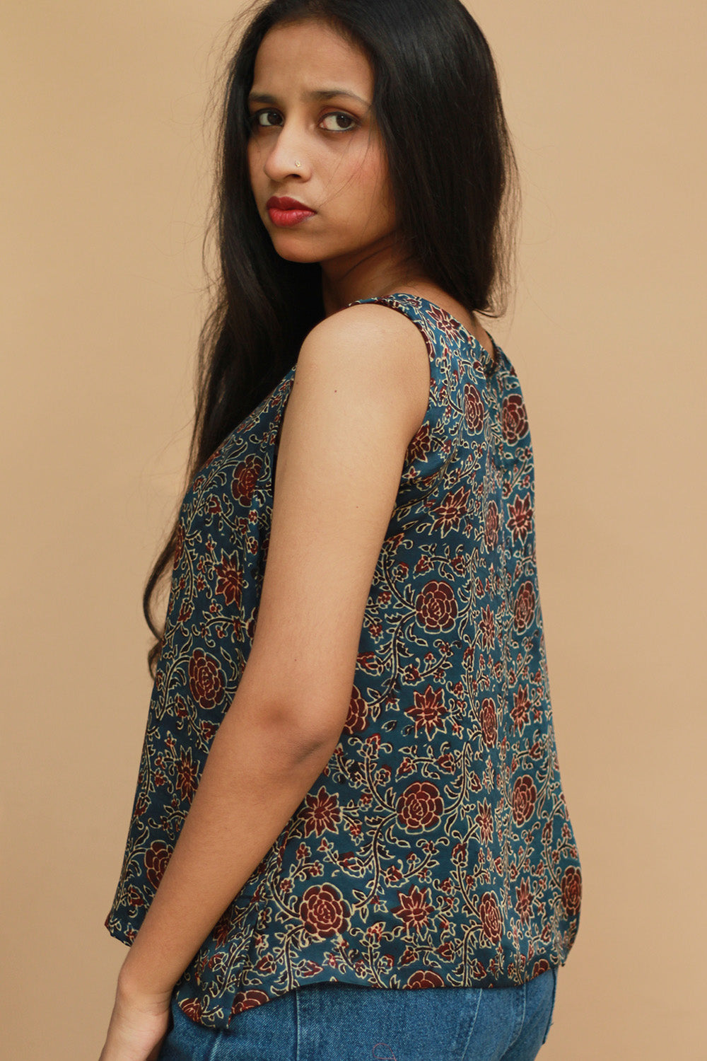 Front Buttoned Vest | Modal Silk | Blue Universe Ajrakh