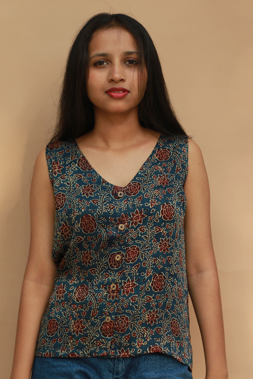 Front Buttoned Vest | Modal Silk | Blue Universe Ajrakh