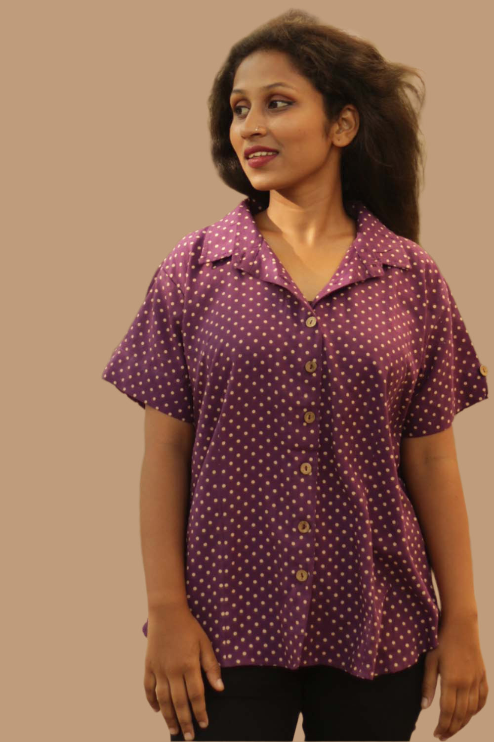 Cotton Shirt in Purple Polka