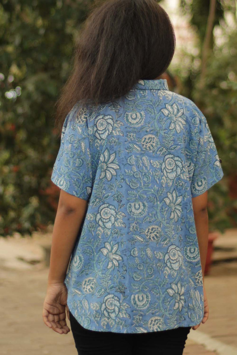 Cotton Shirt in Ocean Blue Sanganeri