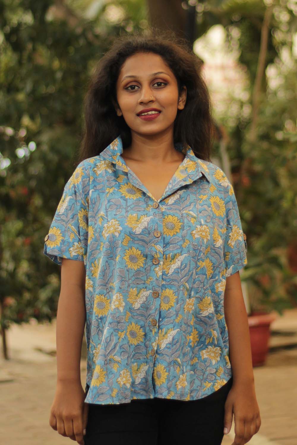 Cotton Shirt in Blue Sunflower Sanganeri