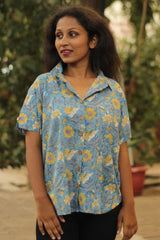 Cotton Shirt in Blue Sunflower Sanganeri