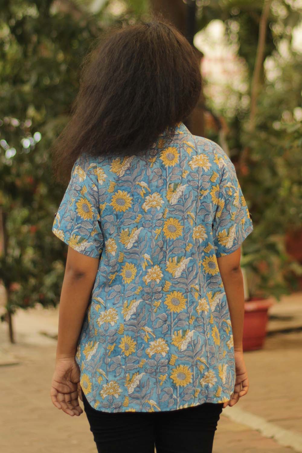 Cotton Shirt in Blue Sunflower Sanganeri