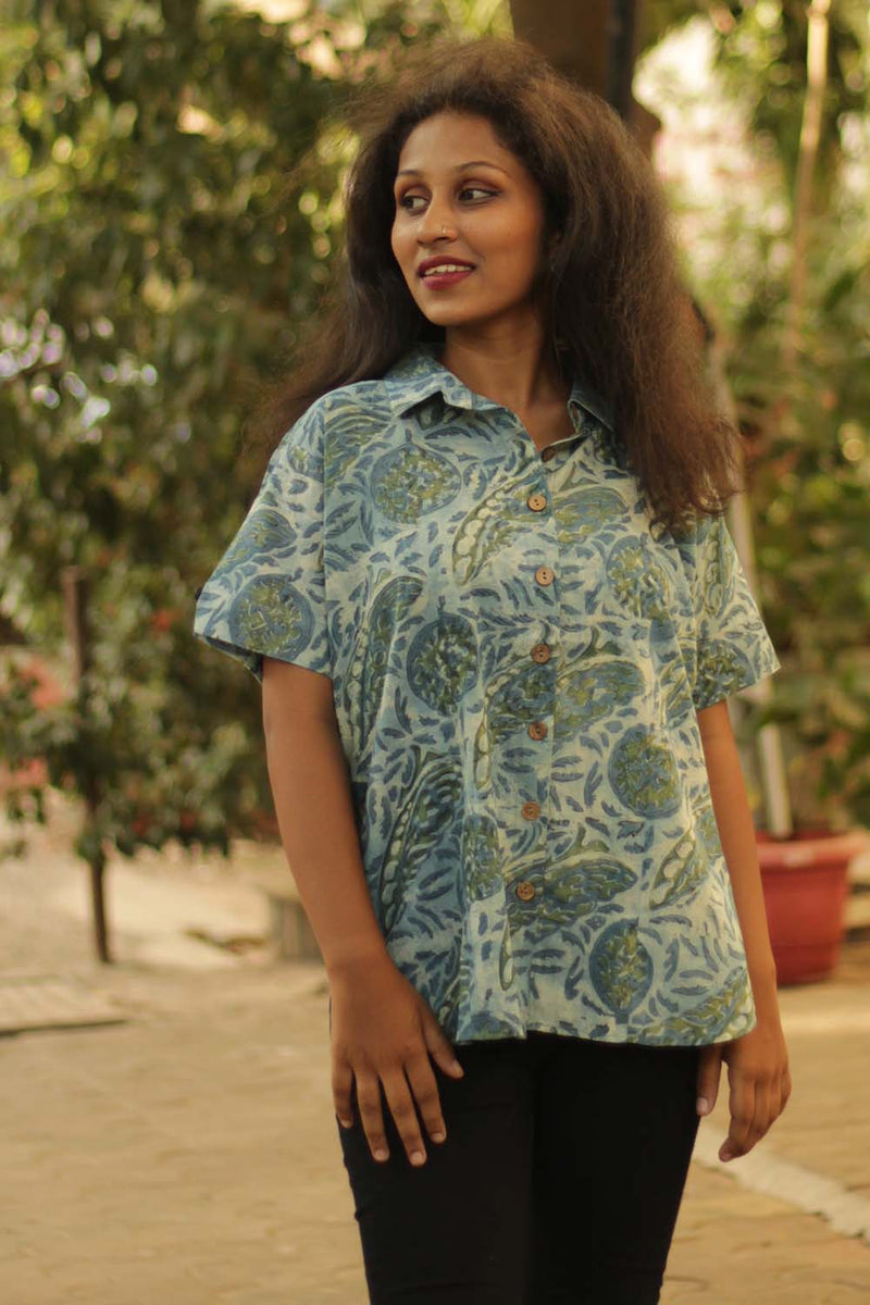 Cotton Shirt in Concentric Teal Vanaspati