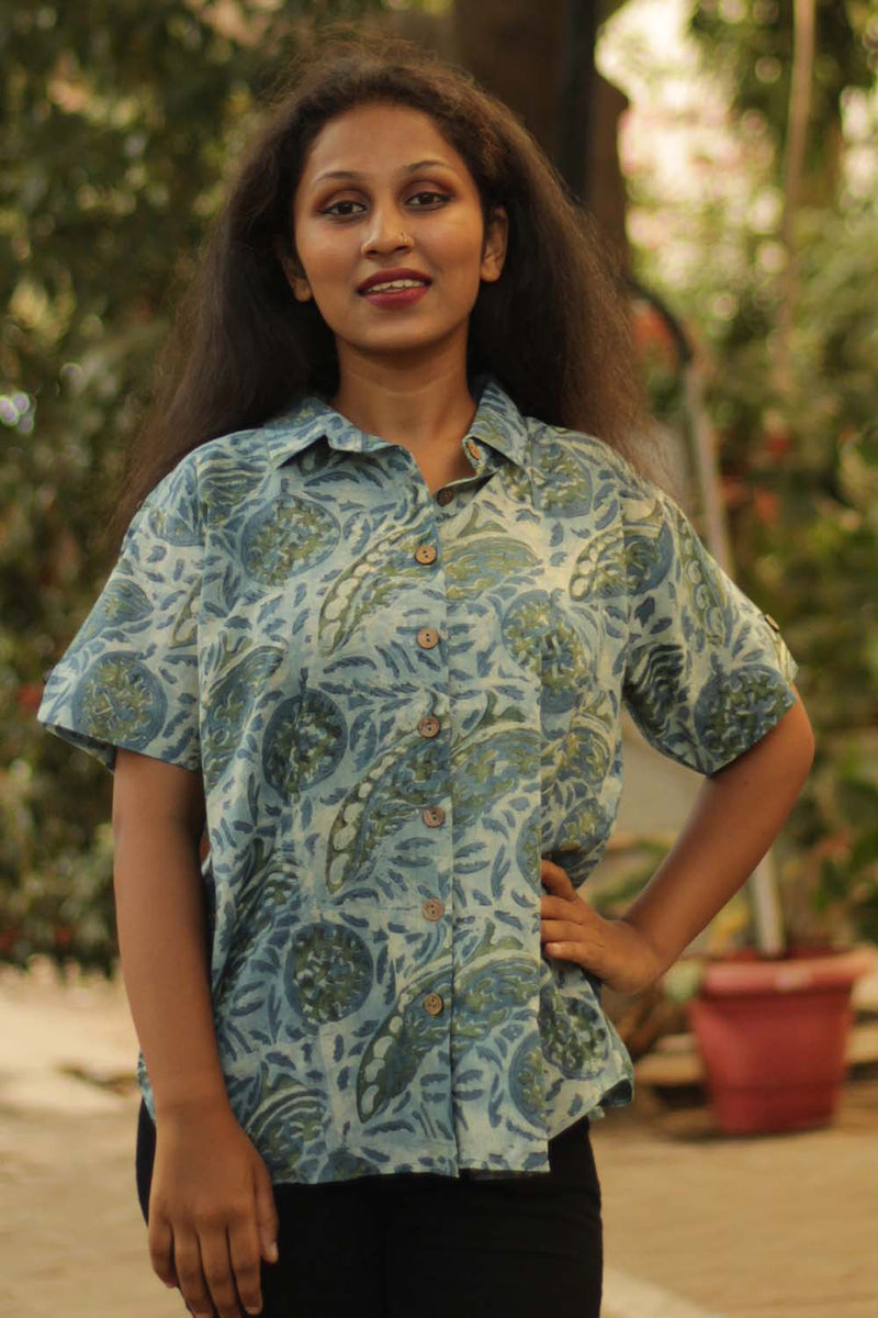 Cotton Shirt in Concentric Teal Vanaspati