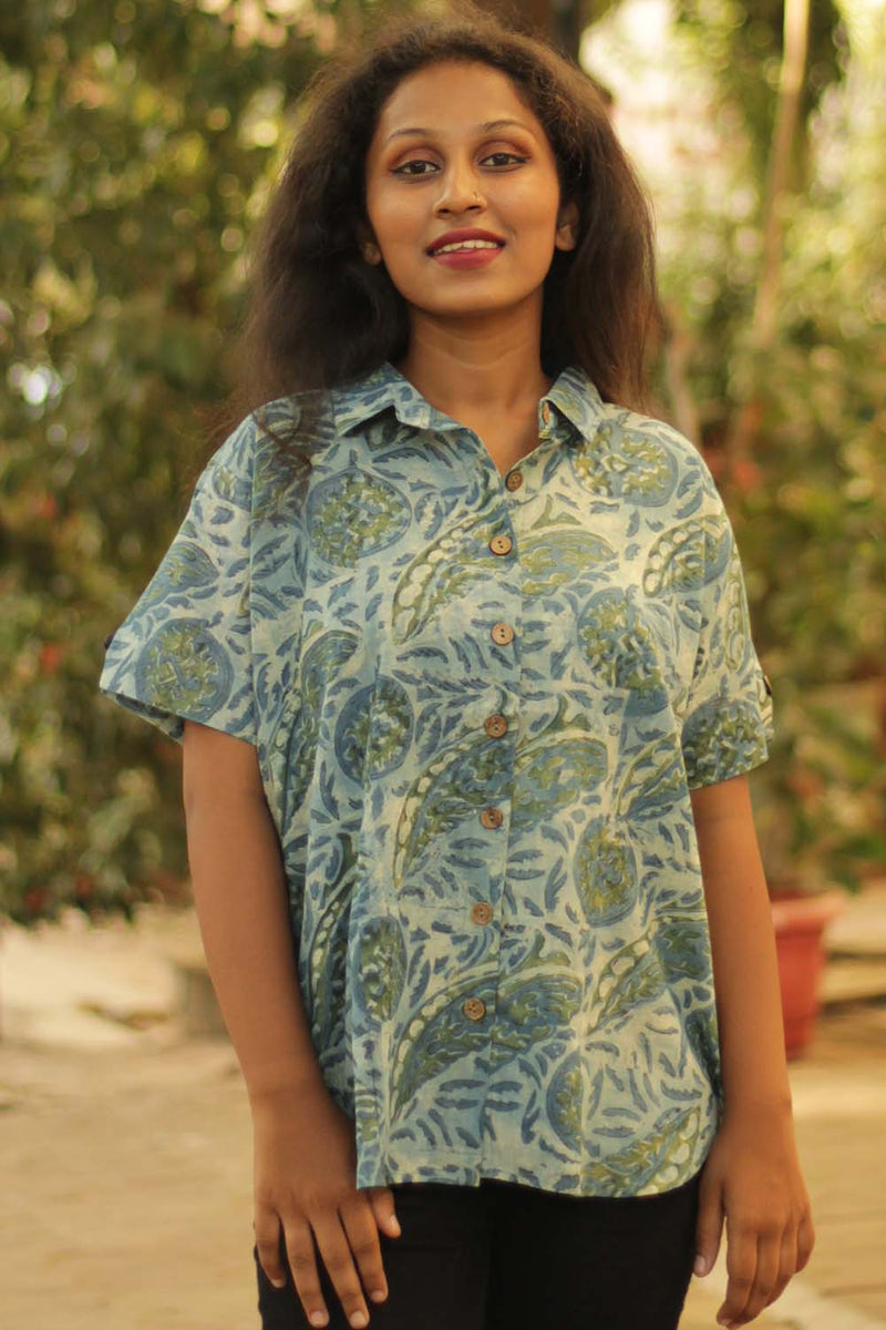 Cotton Shirt in Concentric Teal Vanaspati