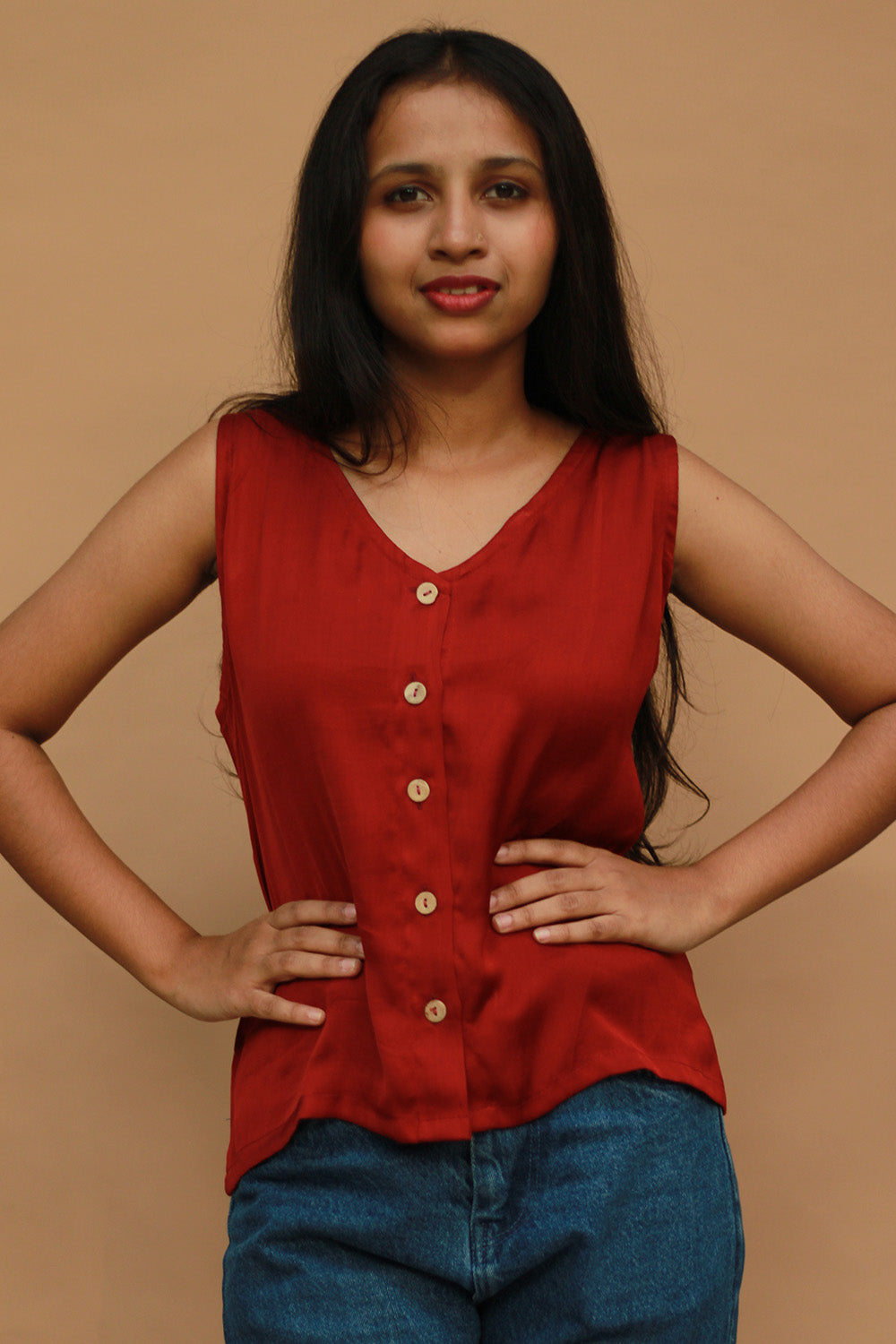 Front Buttoned Vest | Modal Silk | Rouge