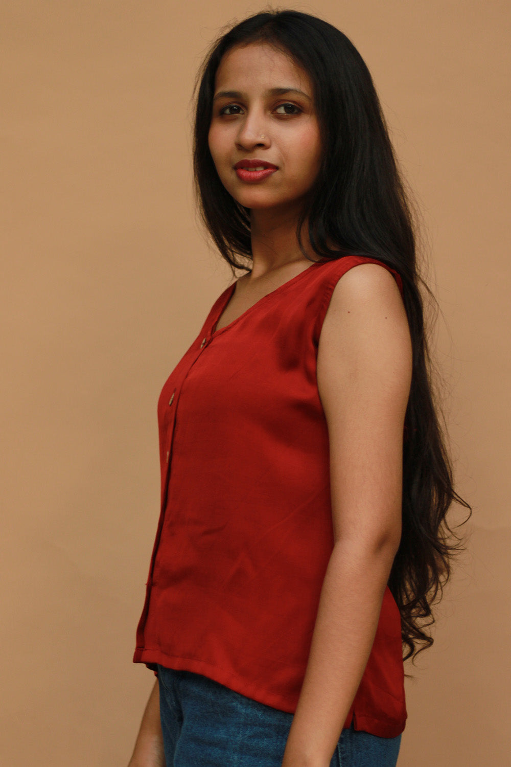 Front Buttoned Vest | Modal Silk | Rouge