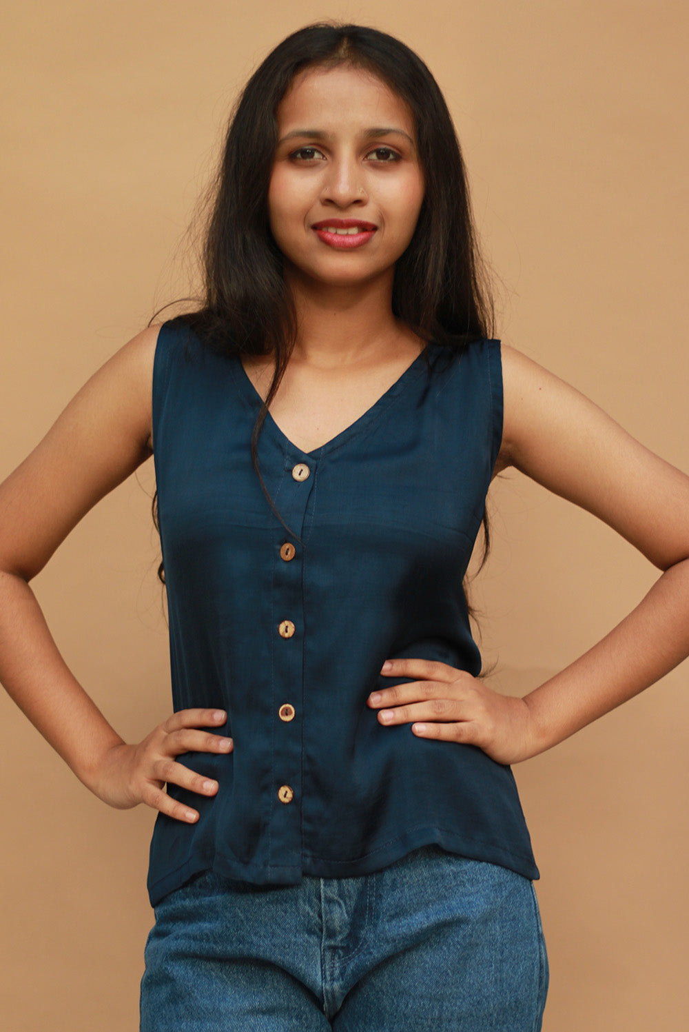 Front Buttoned Vest | Modal Silk | Blue