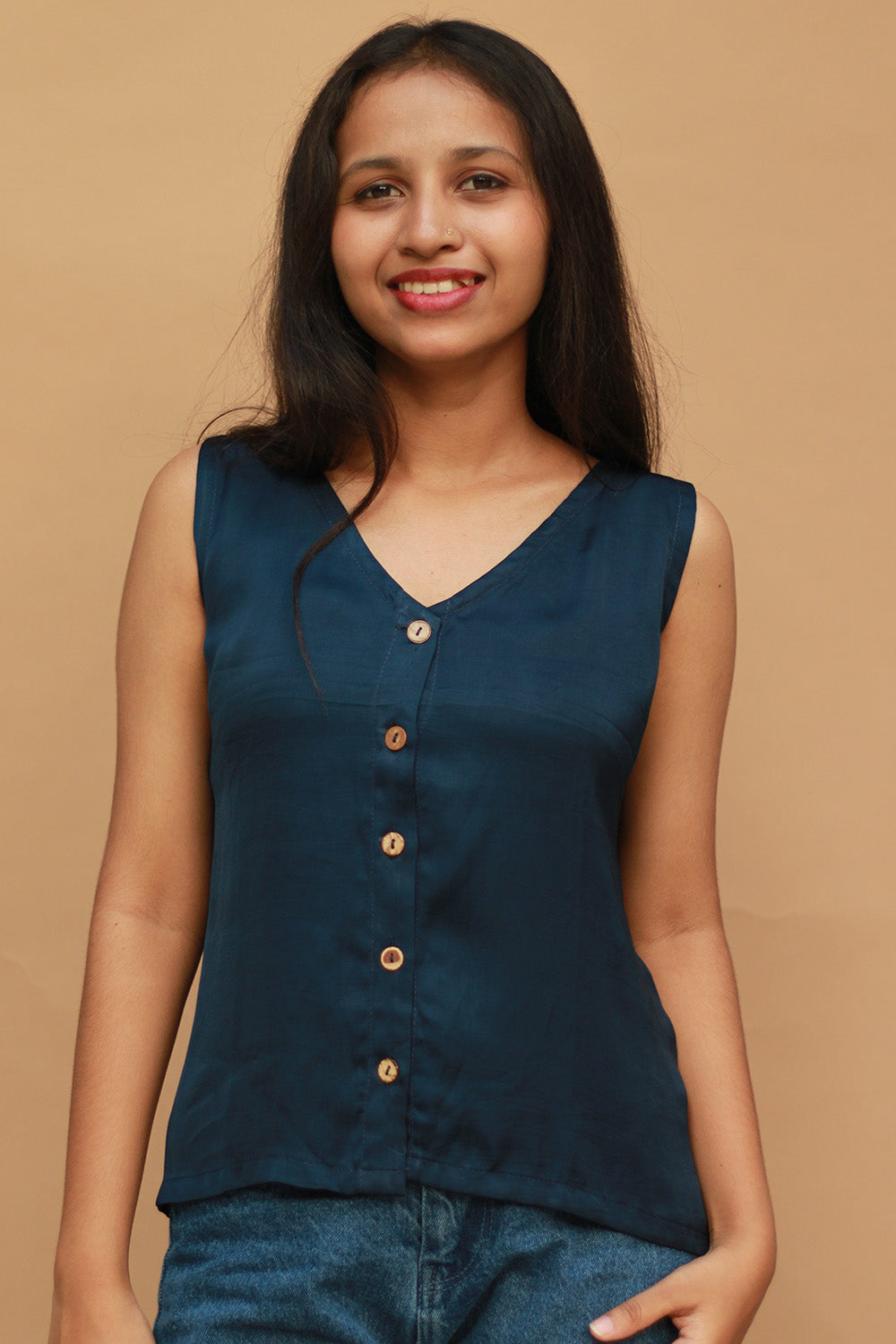 Front Buttoned Vest | Modal Silk | Blue