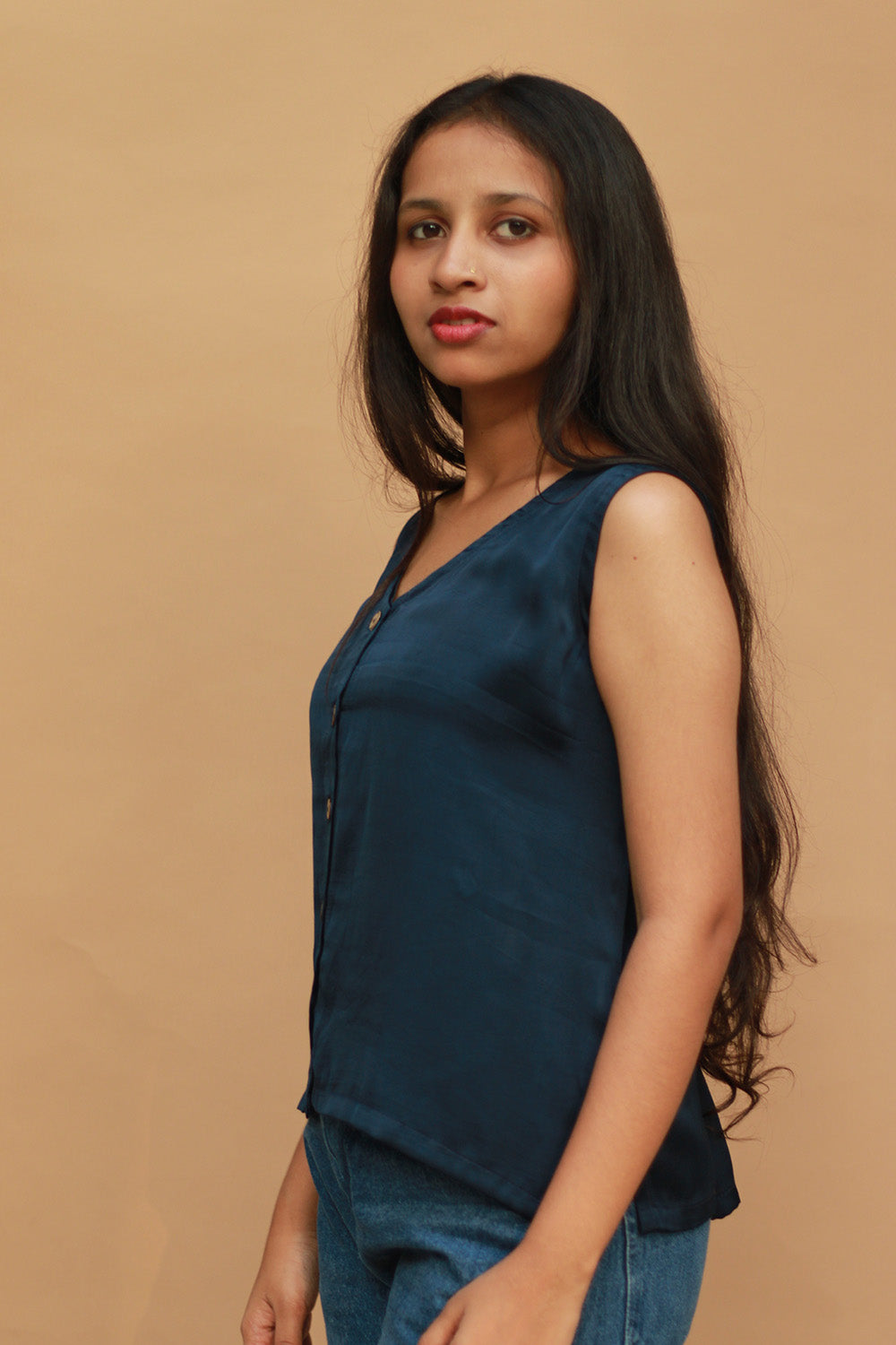 Front Buttoned Vest | Modal Silk | Blue