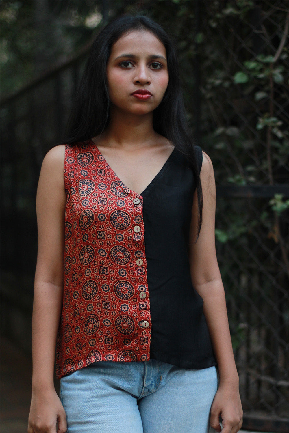 Front Buttoned Vest | Modal Silk |  Madder Universe Ajrakh