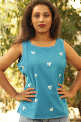 Basic Top with Embroidery- Cobalt