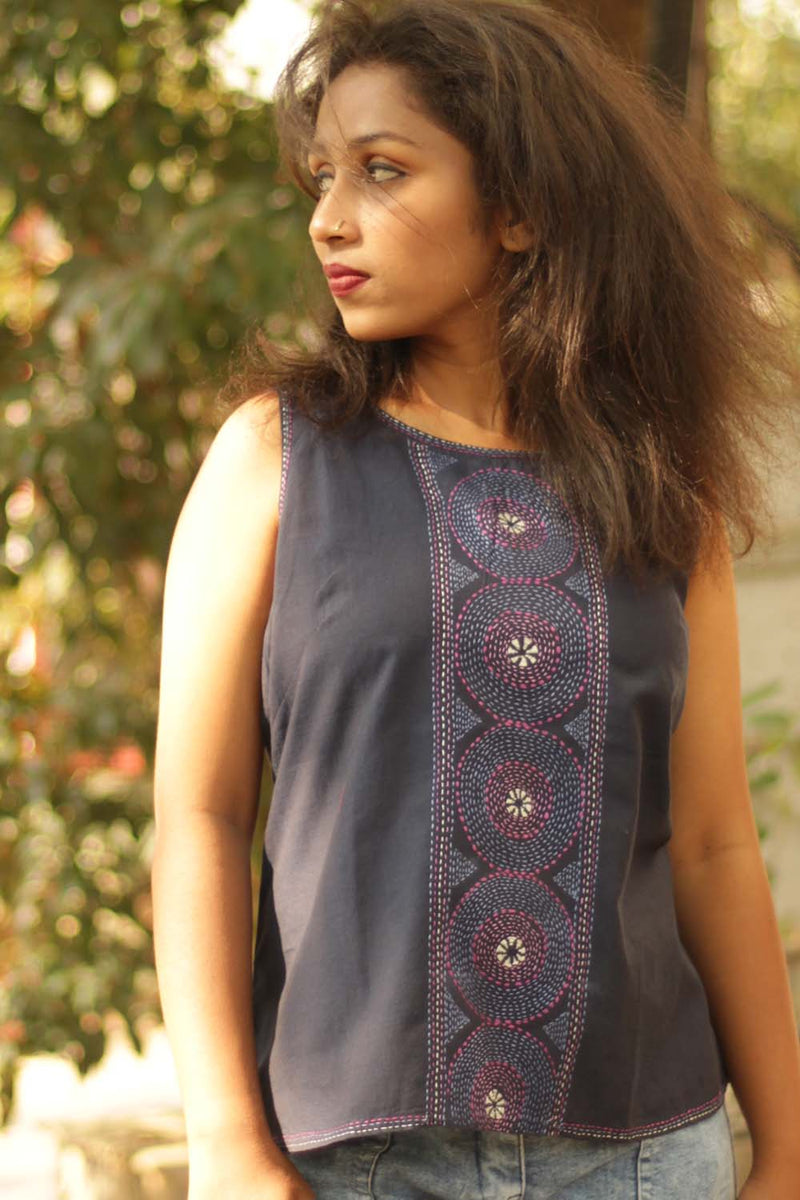 Basic Top with Embroidery- Navy