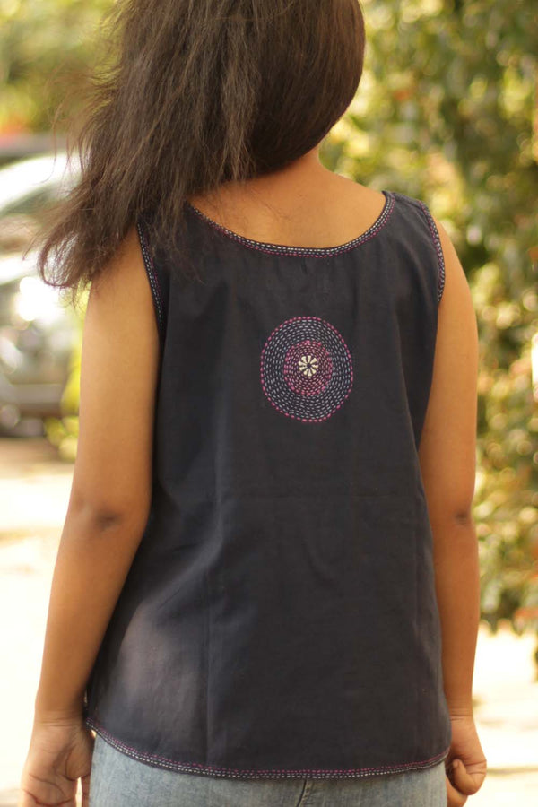 Basic Top with Embroidery- Navy