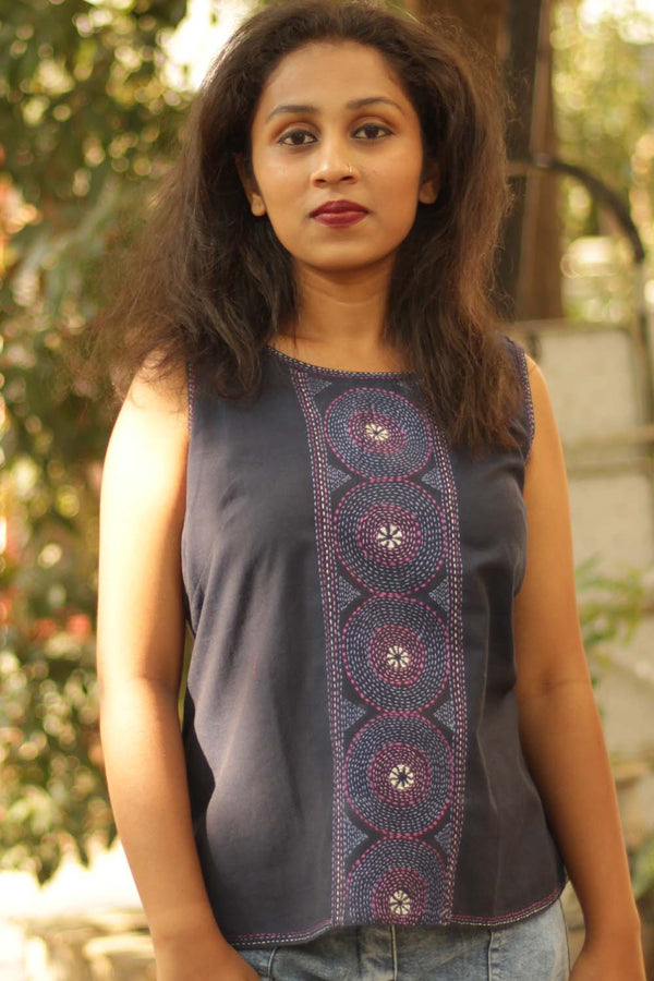 Basic Top with Embroidery- Navy