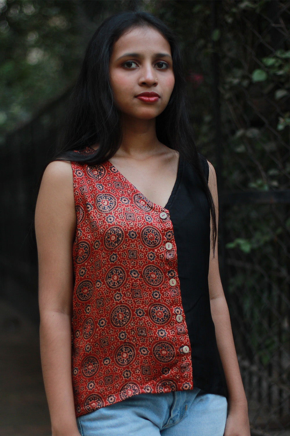 Front Buttoned Vest | Modal Silk |  Madder Universe Ajrakh