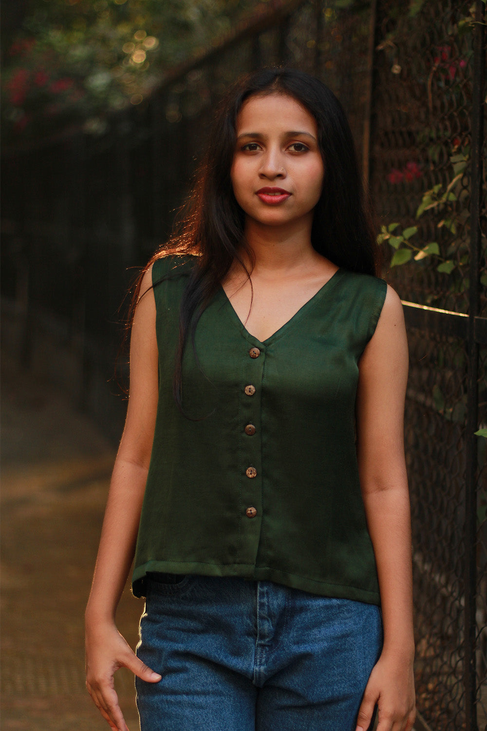 Front Buttoned Vest | Modal Silk | Forest Green