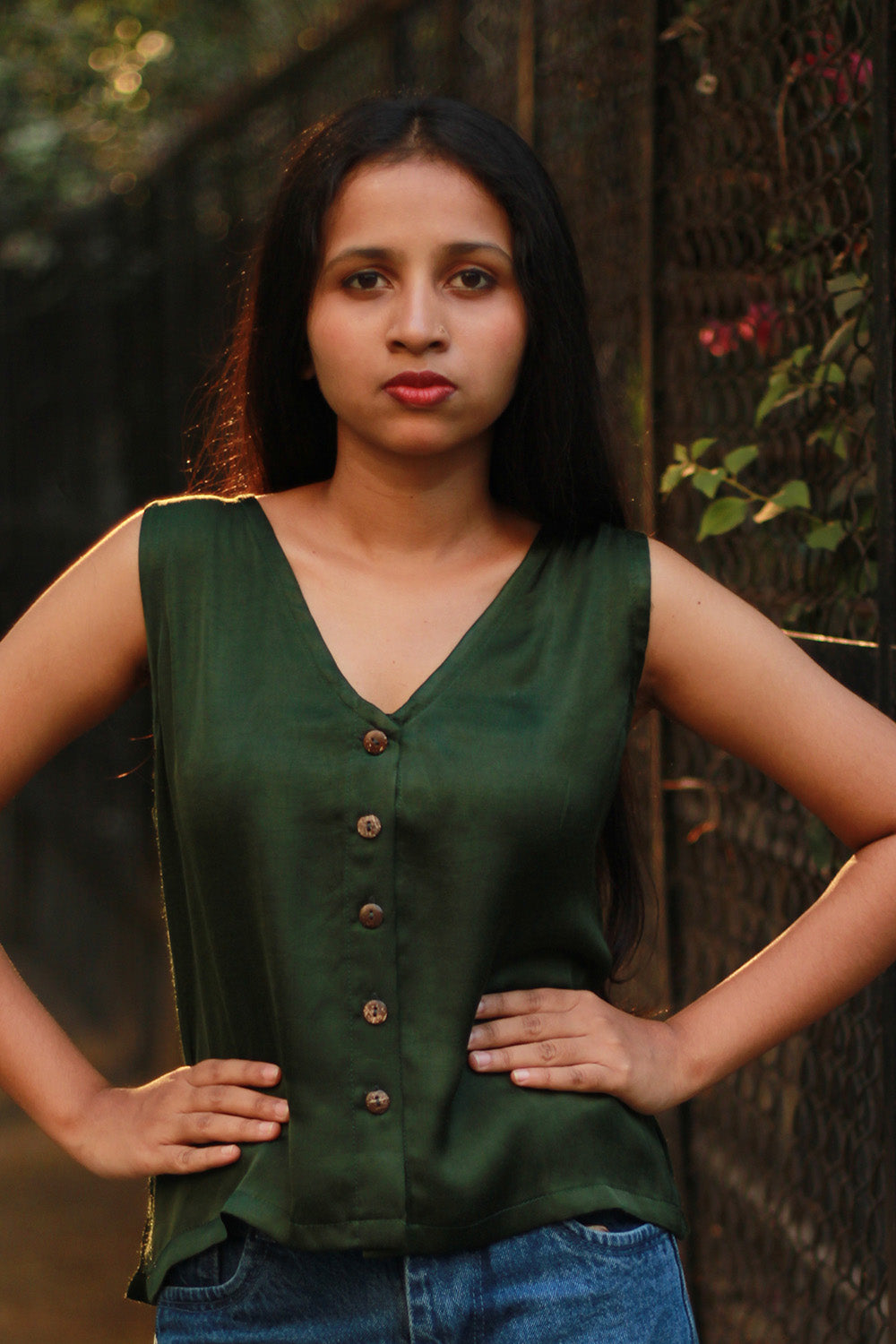 Front Buttoned Vest | Modal Silk | Forest Green