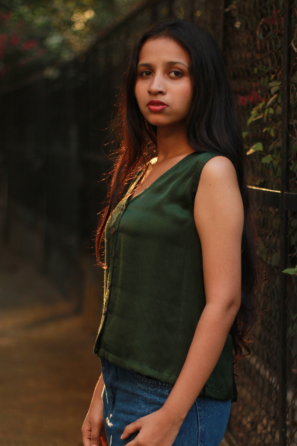 Front Buttoned Vest | Modal Silk | Forest Green