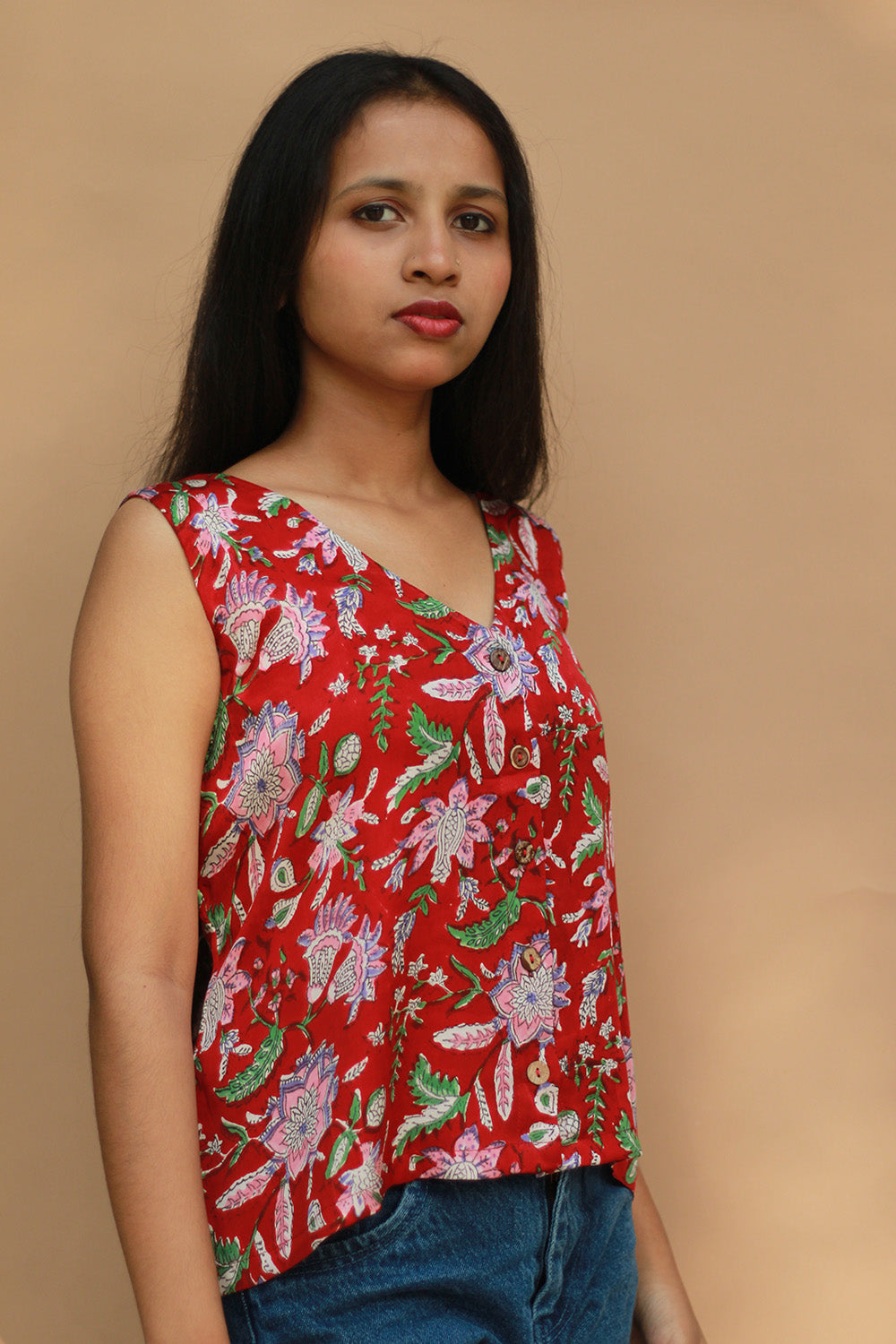 Front Buttoned Vest | Modal Silk | Red Sanganeri