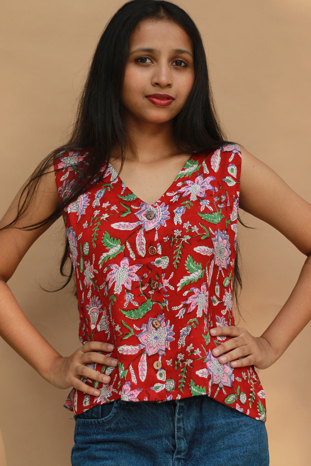 Front Buttoned Vest | Modal Silk | Red Sanganeri