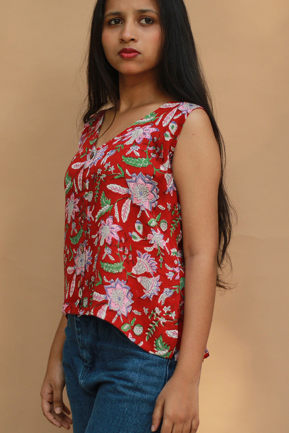 Front Buttoned Vest | Modal Silk | Red Sanganeri