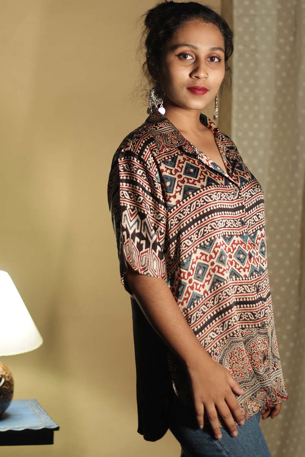 Tara | Ajrakh Modal  Shirt | Maron Geometric