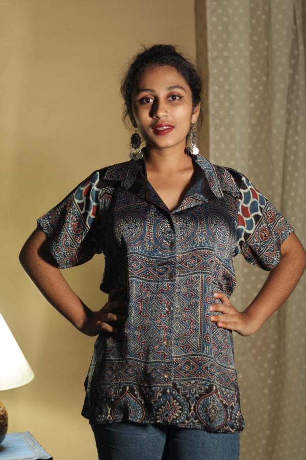 Tara | Ajrakh Modal  Shirt | Blue Intricate Circles