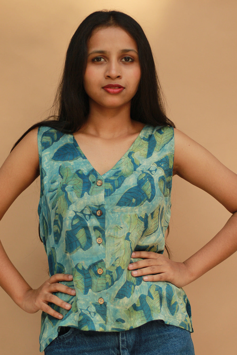 Front Buttoned Vest | Modal Silk | Cyan Leaves Vanaspati