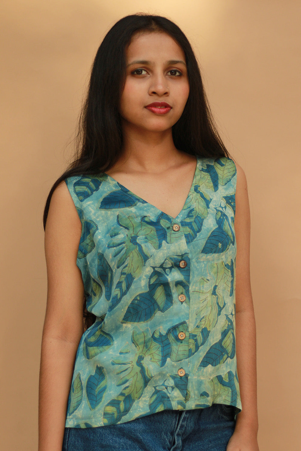 Front Buttoned Vest | Modal Silk | Cyan Leaves Vanaspati