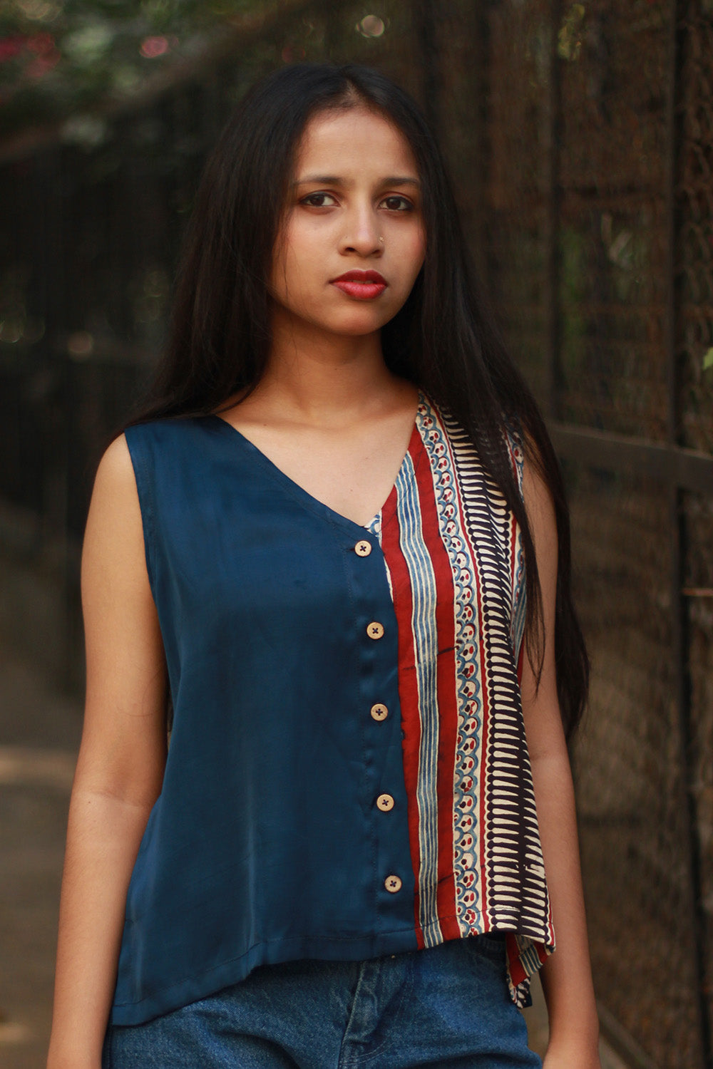 Front Buttoned Vest | Modal Silk | Blue with Ajrakh Stripes