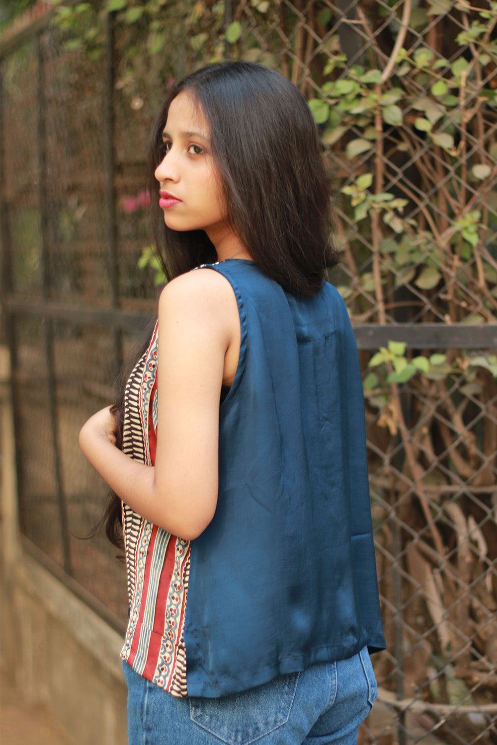 Front Buttoned Vest | Modal Silk | Blue with Ajrakh Stripes