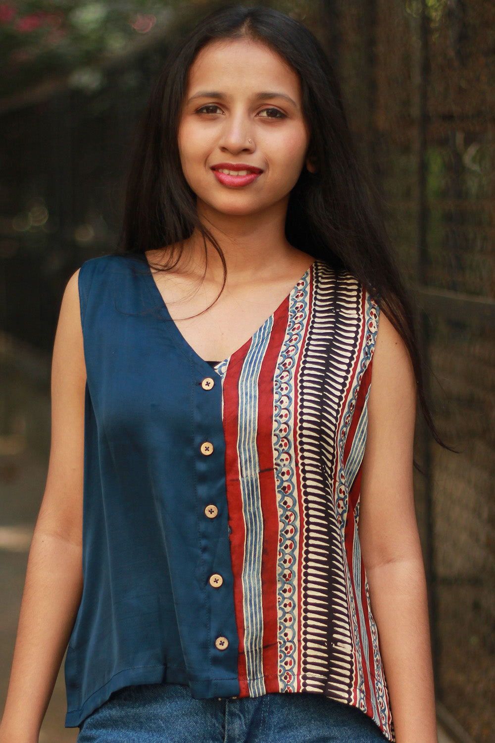 Front Buttoned Vest | Modal Silk | Blue with Ajrakh Stripes