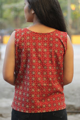 Front Buttoned Vest | Ajrakh Red Trellis & Red Stripes