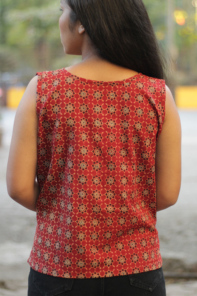 Front Buttoned Vest | Ajrakh Red Trellis & Red Stripes