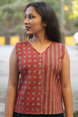 Front Buttoned Vest | Ajrakh Red Trellis & Red Stripes