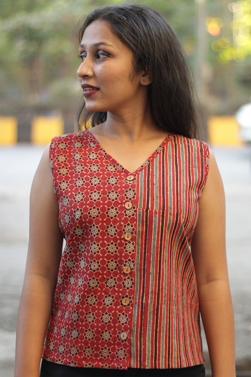 Front Buttoned Vest | Ajrakh Red Trellis & Red Stripes