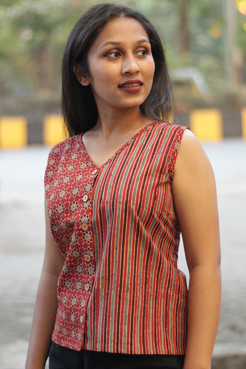 Front Buttoned Vest | Ajrakh Red Trellis & Red Stripes