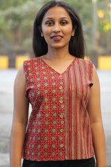 Front Buttoned Vest | Ajrakh Red Trellis & Red Stripes