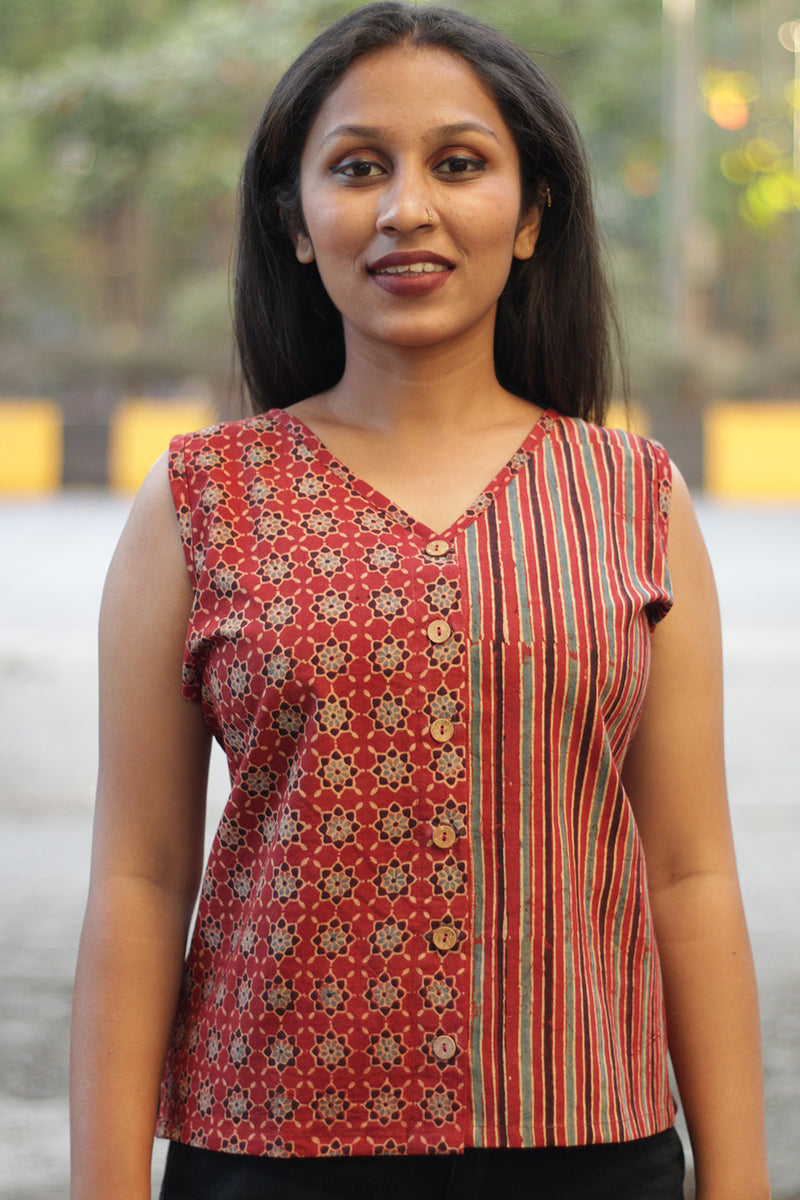 Front Buttoned Vest | Ajrakh Red Trellis & Red Stripes